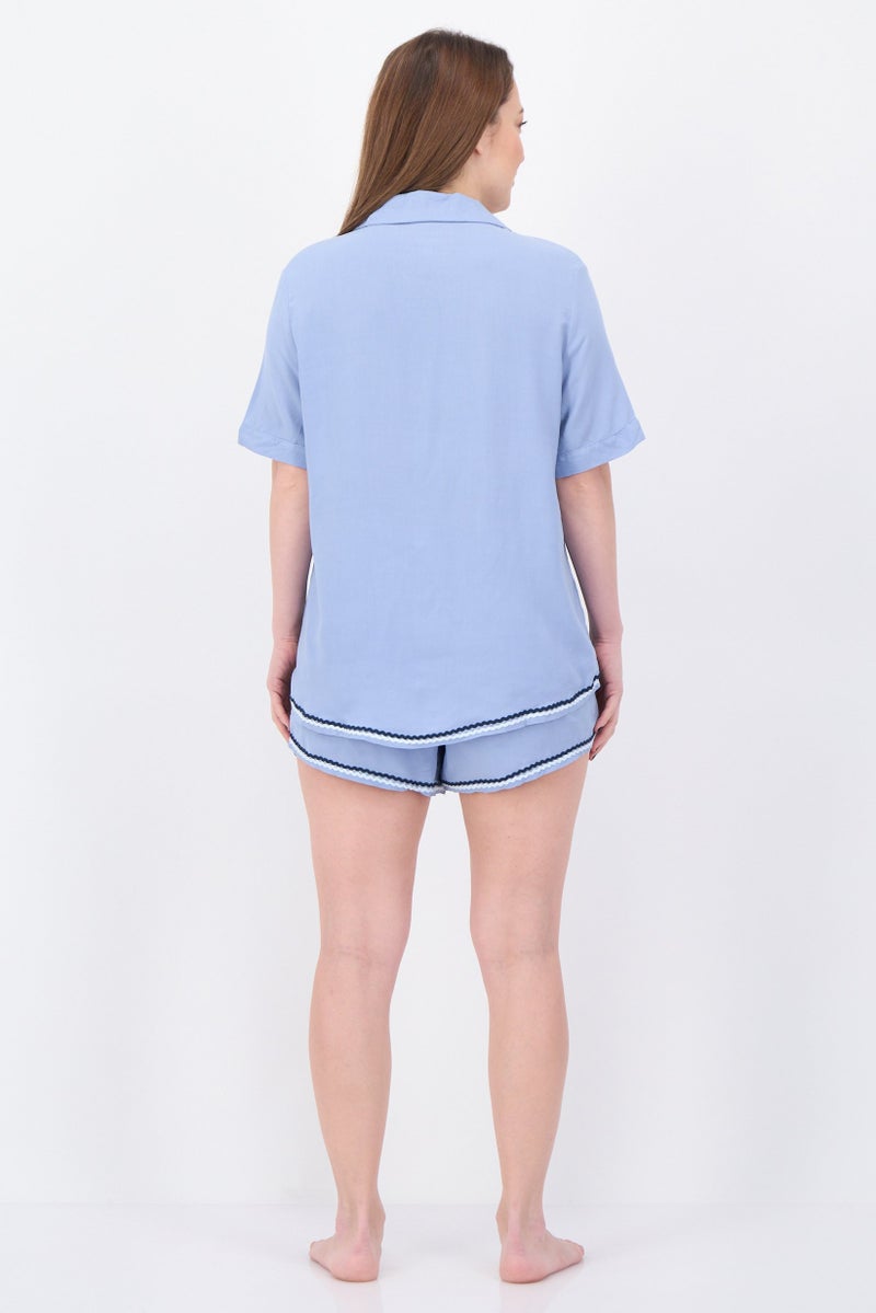 NINE WEST Women 2 Pieces Plain Top And Shorts Pyjama Set, Slate Blue - Image 4